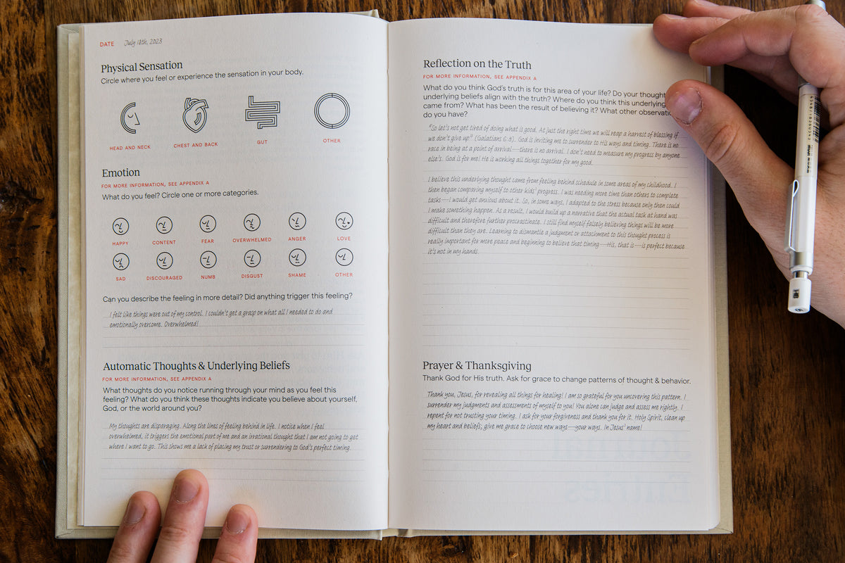 A guided daily spread inside the Overcomers Journal